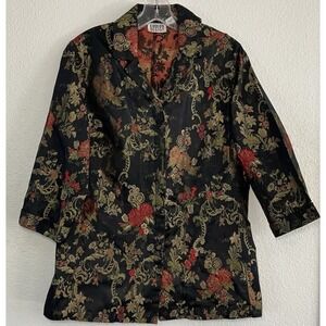 Chico's Floral Brocade Blazer Jacket Black Gold Red Asian Inspired SM/MED